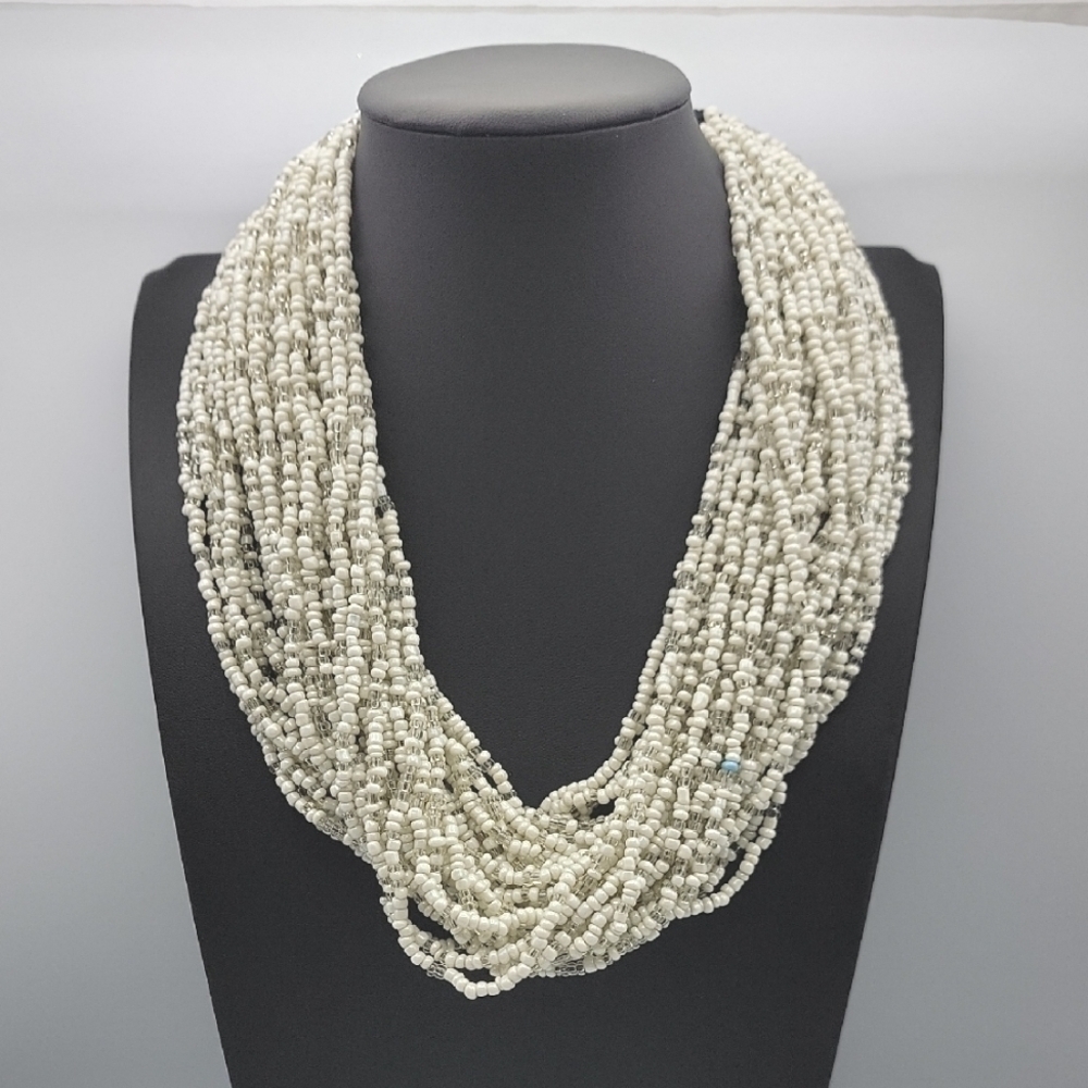 18" VTG BOHO Tribal Style Multi-strand White Clear Glass Seed Bead Necklace